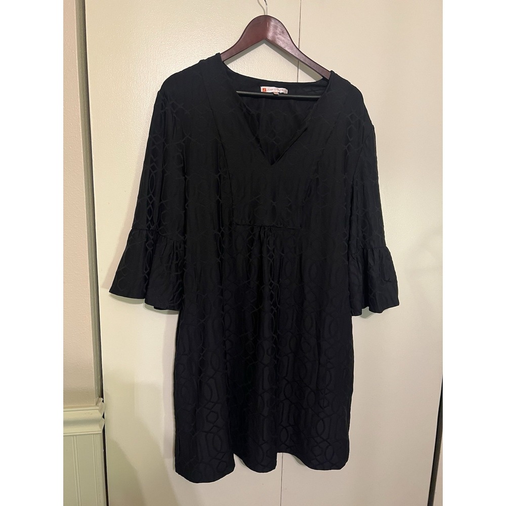 Jude Connally Kerry Black Jacquard Knit Dress XXL Grand Links Bell Sleeve Shift
